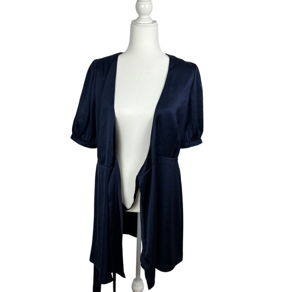 ARITZIA WILFRED Free Lune Classy Navy Blue Satin Puff Sleeve Wrap Dress Medium - Picture 9 of 13